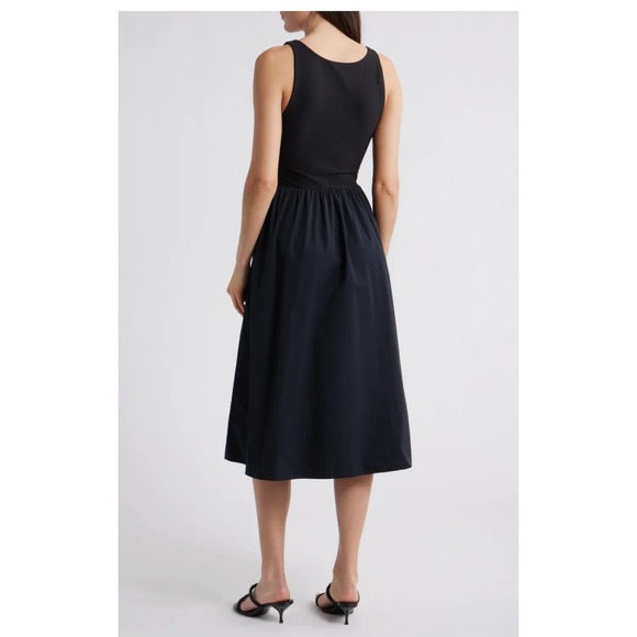 SPANX Black Jersey Bodice Square Neck Midi Dress Comfort Fit Size L - Picture 2 of 13